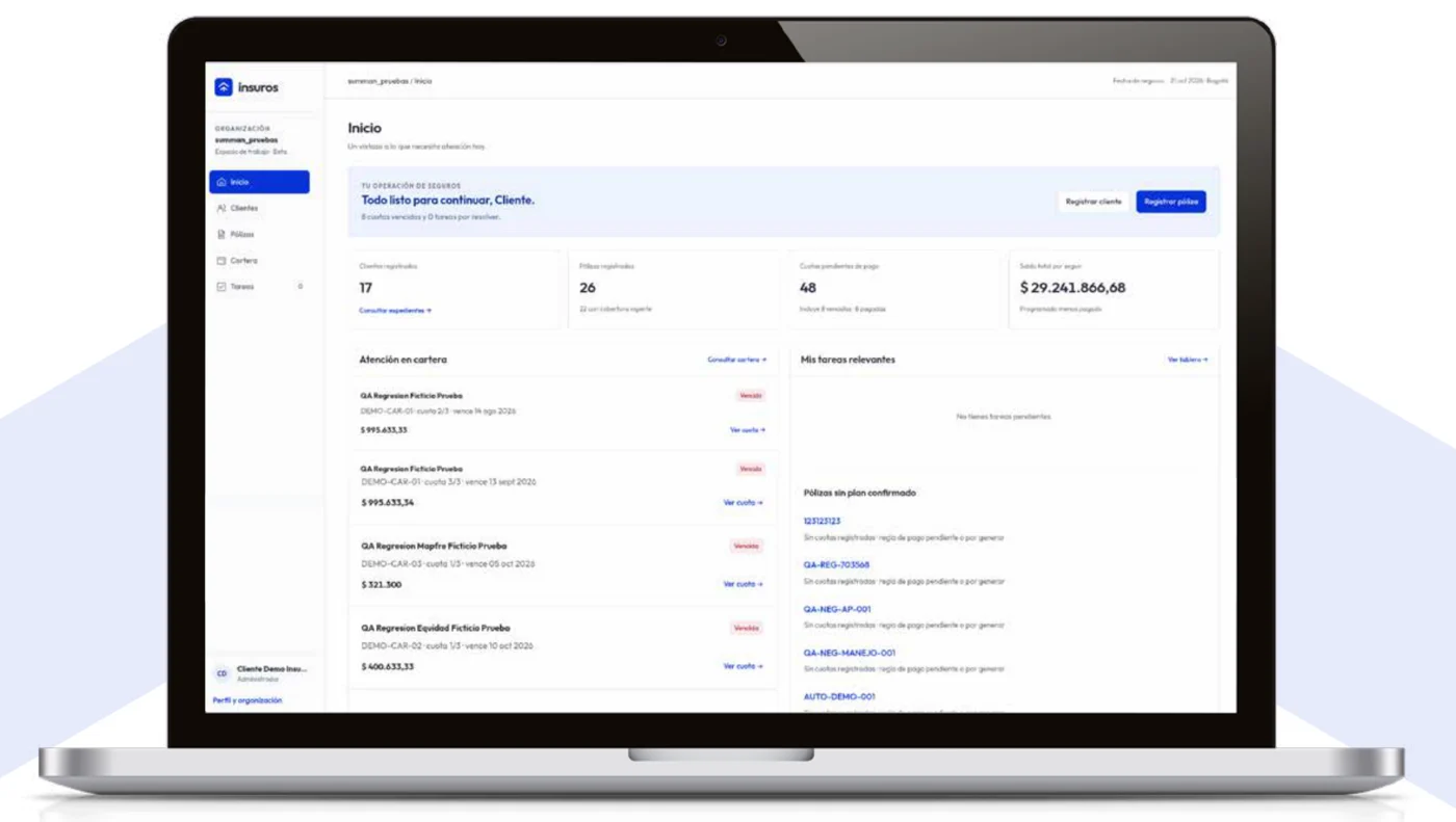 Insuros home dashboard with clients, policies, pending payments and portfolio